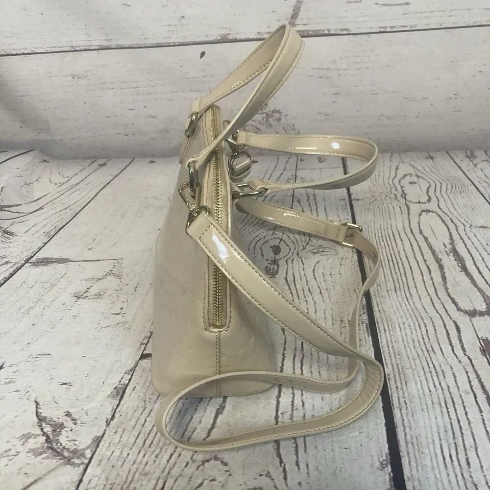Dkny PVC‎ Monogram Embossed Satchel Beige Small Chic Everyday Adjustable Stap